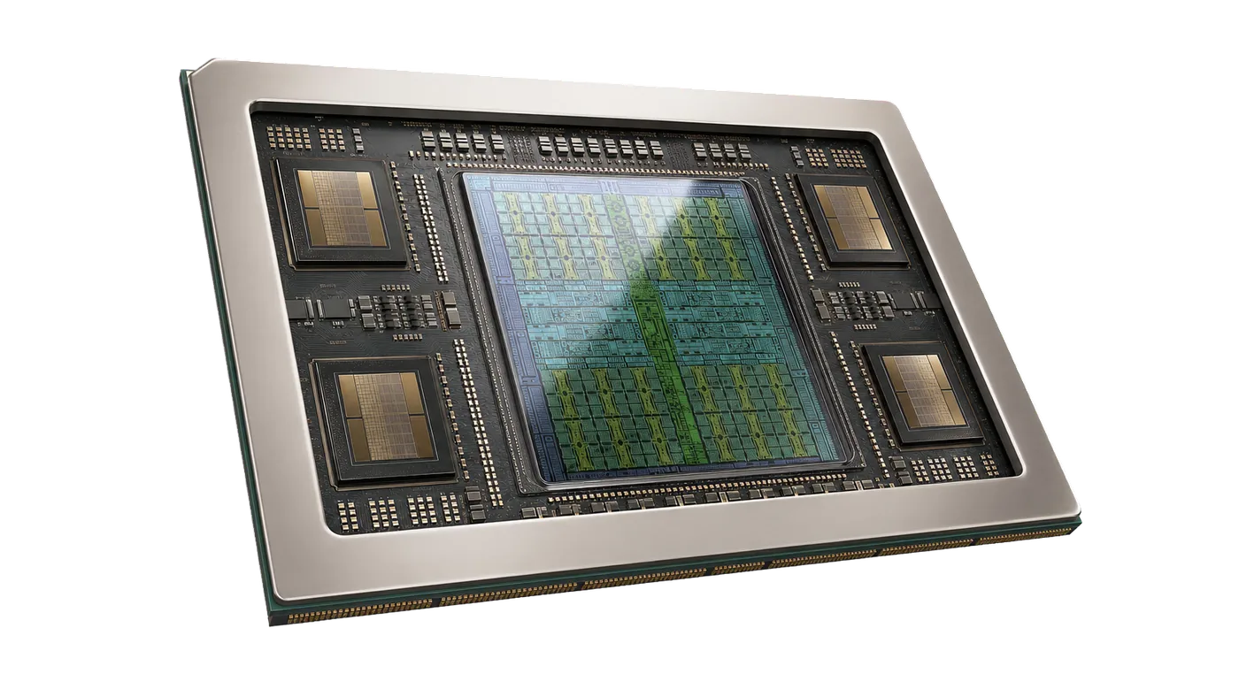 Concept render of a delidded package with a central die and four memory stacks.