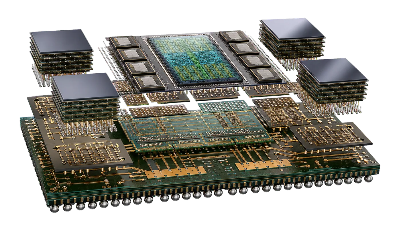 Exploratory render of a chiplet package, exploded into layers — an architecture concept, not final silicon.