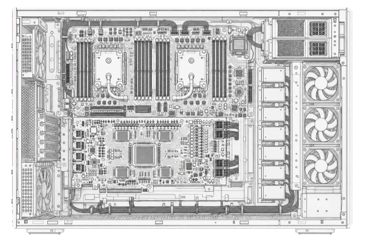Line-art engineering illustration of a workstation interior: processors, memory, accelerator card, storage array, and cooling, drawn as a technical cutaway.