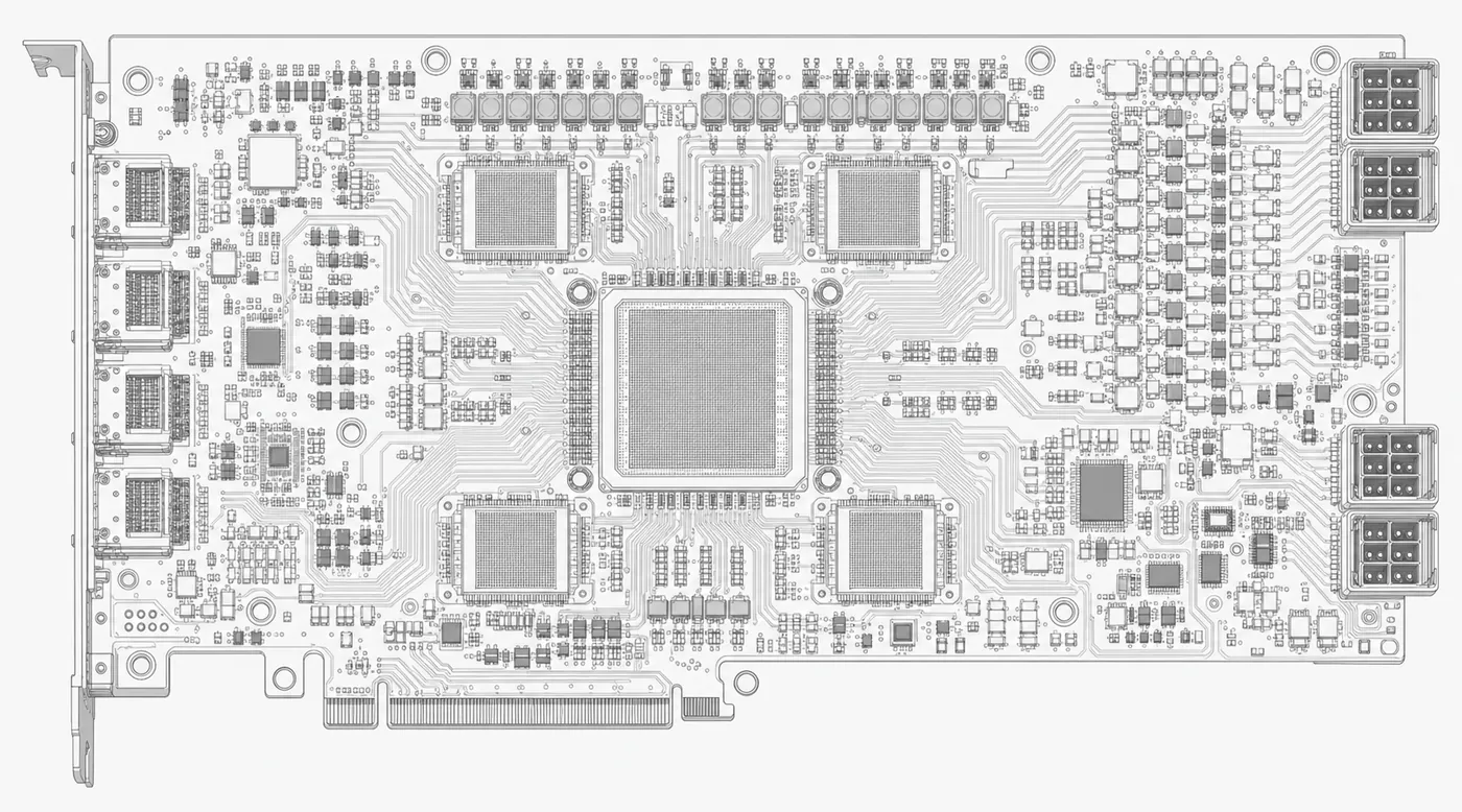Exploratory accelerator board study drawn as a white engineering blueprint.