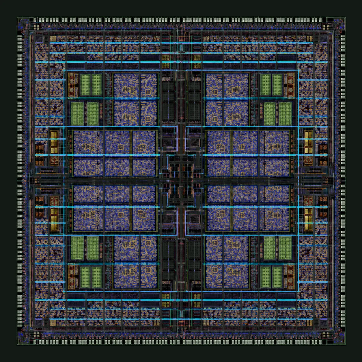 Early chiplet study: a symmetric die layout visualisation with repeated compute and memory blocks.