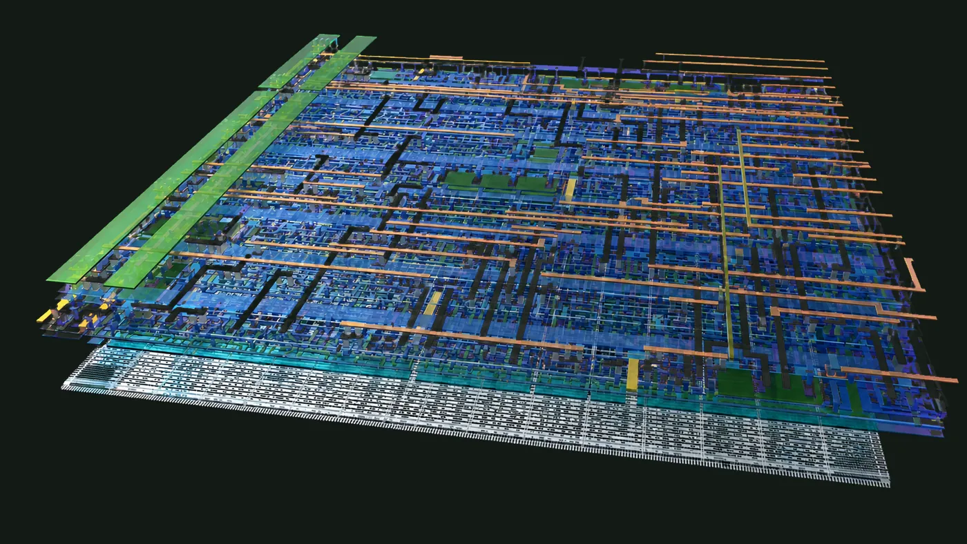 Research visualisation of a metal-stack study: routing layers rendered above standard-cell rows.