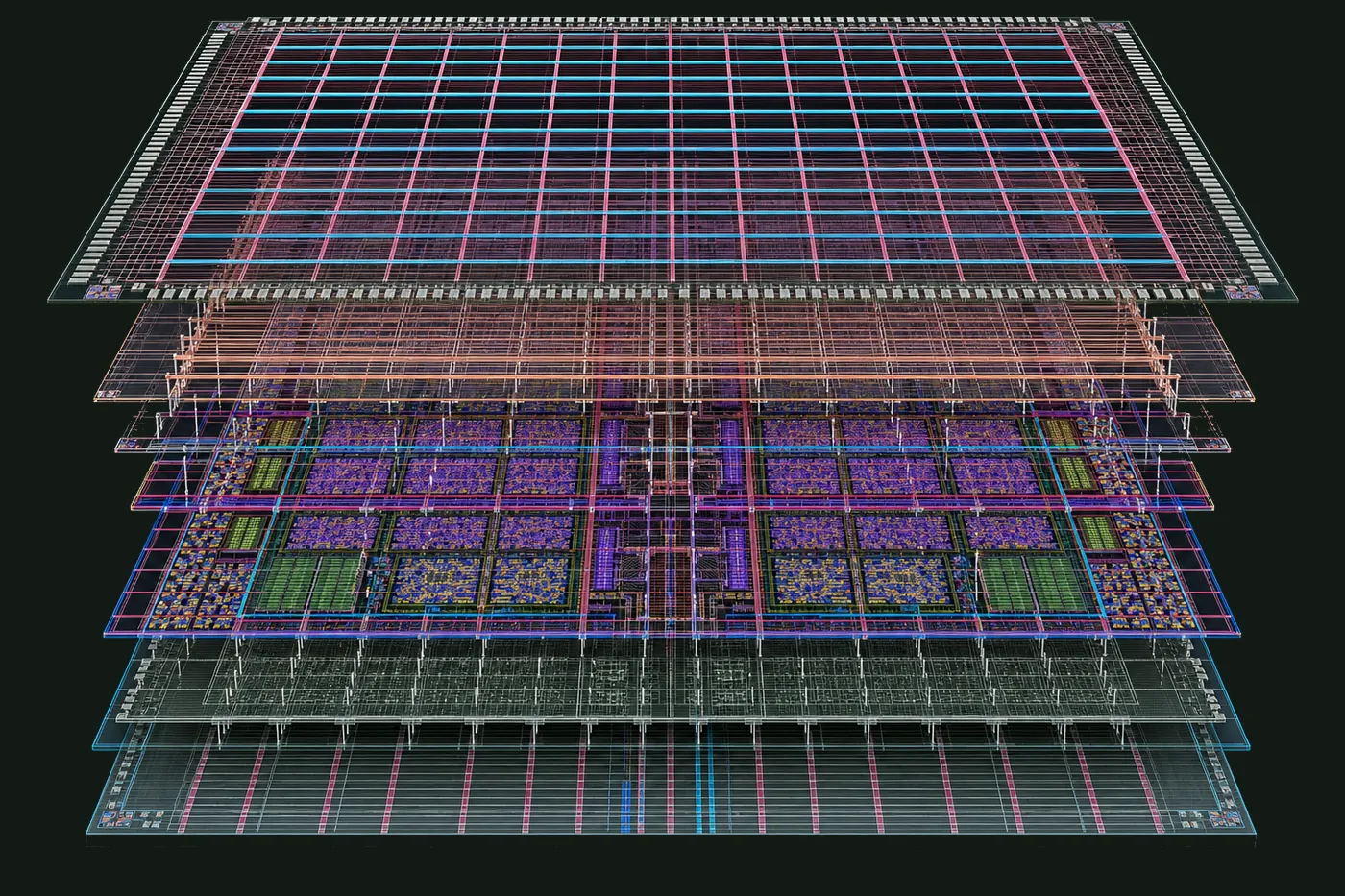 Layered stack study: routing and cell layers of a die rendered as separated planes.